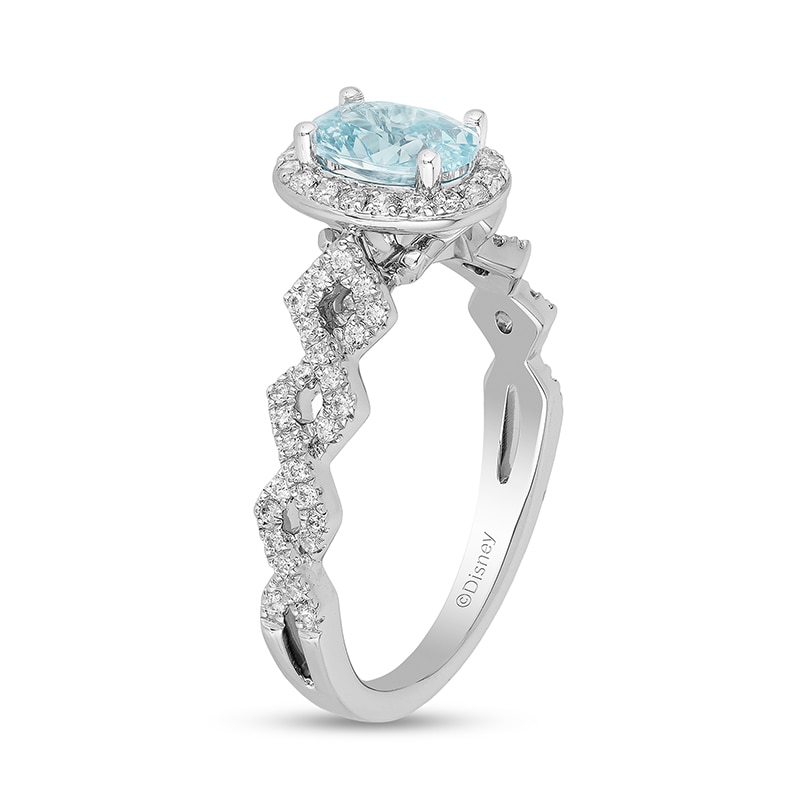 Main Image 2 of Previously Owned - Enchanted Disney Elsa Oval Aquamarine and 1/4 CT. T.W. Diamond Engagement Ring in 14K White Gold