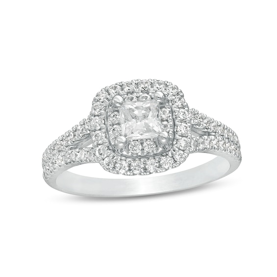 Previously Owned - 1 CT. T.w. Princess-Cut Diamond Cushion Frame Split Shank Engagement Ring in 14K White Gold