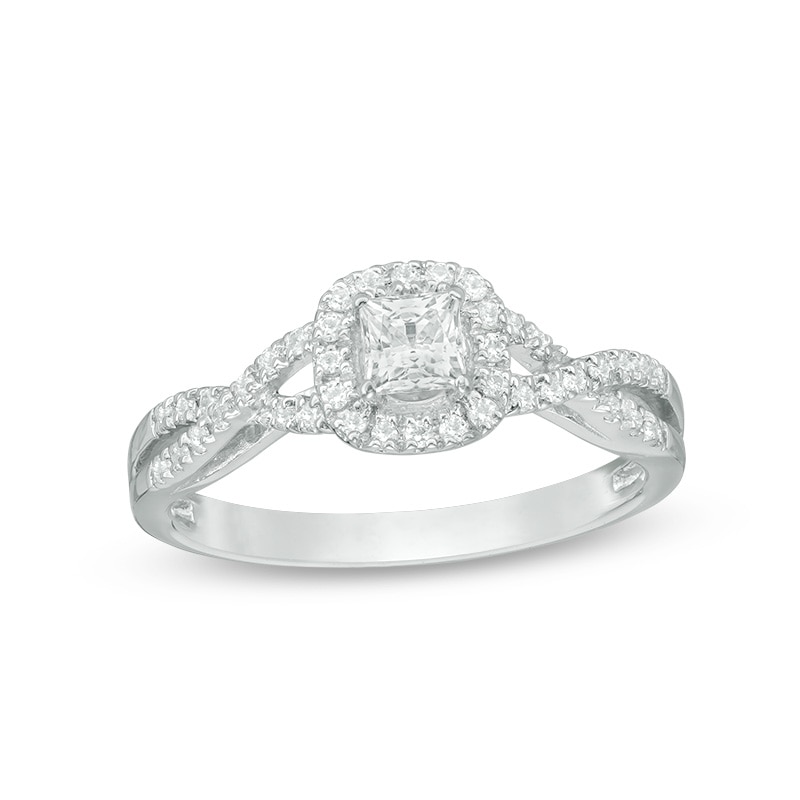 Main Image 1 of Previously Owned - 1/2 CT. T.W. Princess-Cut Diamond Frame Twist Engagement Ring in 14K White Gold
