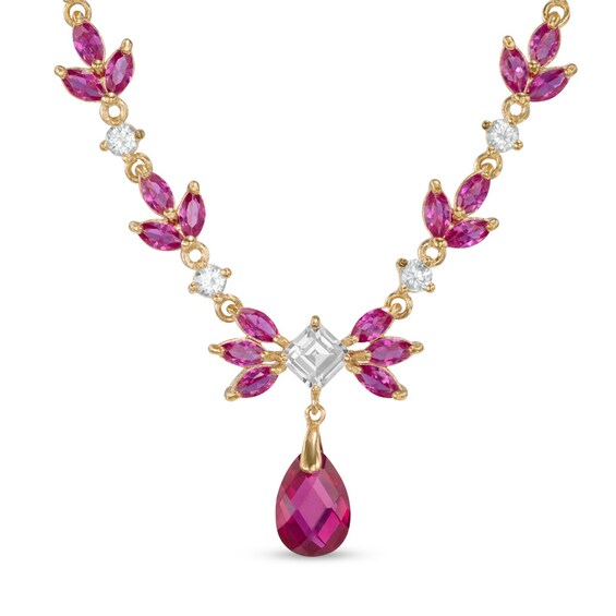 Previously Owned - Multi-Shaped Lab-Created Ruby and White Sapphire Flower Necklace - 17"