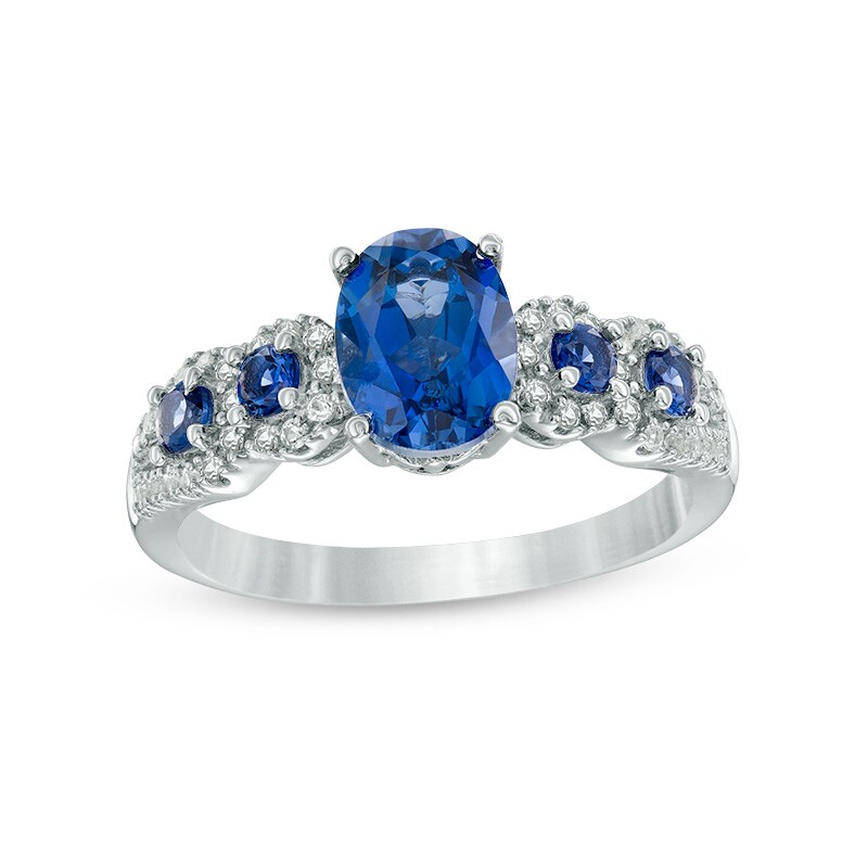 Main Image 1 of Previously Owned - Oval Lab-Created Ceylon and White Sapphire Frame Five Stone Ring in Sterling Silver