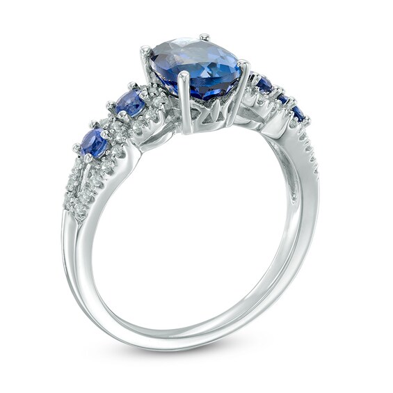 Previously Owned - Oval Lab-Created Ceylon and White Sapphire Frame Five Stone Ring in Sterling Silver