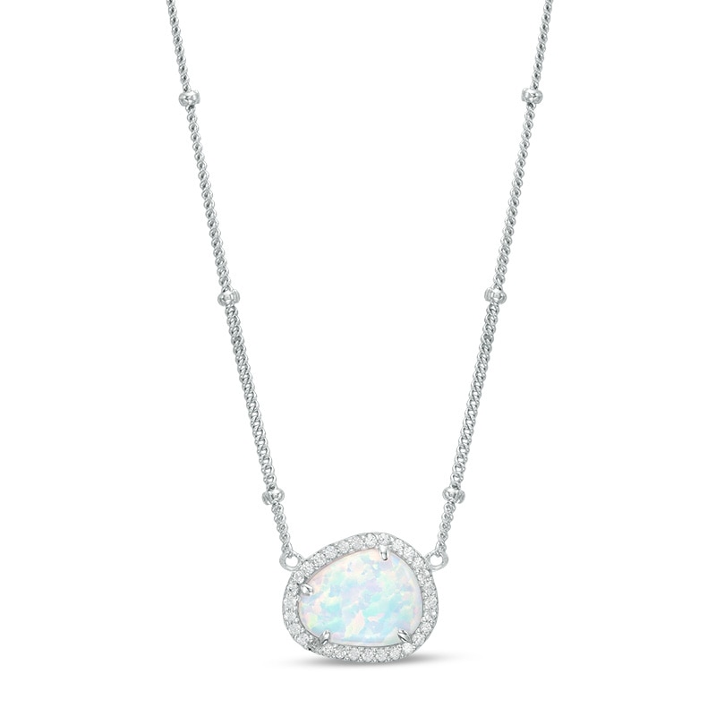 Main Image 1 of Previously Owned - Lab-Created Opal and White Sapphire Frame Necklace in Sterling Silver - 16"