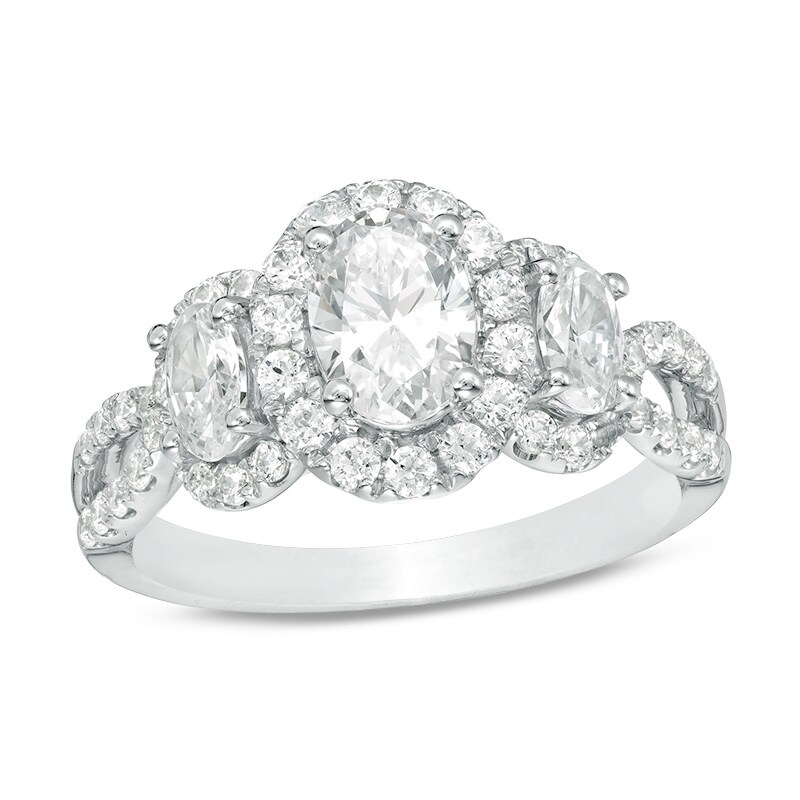 Main Image 1 of Previously Owned - 2 CT. T.W. Oval Diamond Past Present Future® Frame Twist Engagement Ring in 14K White Gold