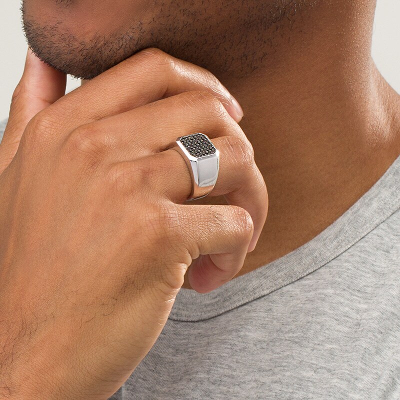 Main Image 2 of Previously Owned - Vera Wang Men 1/2 CT. T.W. Enhanced Black Octagonal Diamond Signet Ring in Sterling Silver