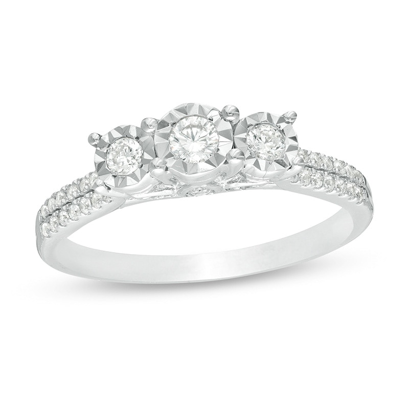 Main Image 1 of Previously Owned - 1/3 CT. T.W. Diamond Past Present Future® Double Row Engagement Ring in 10K White Gold