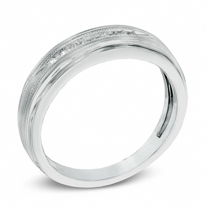 Main Image 2 of Previously Owned - Men's 1/10 CT. T.W. Diamond Milgrain Wedding Band in 10K White Gold