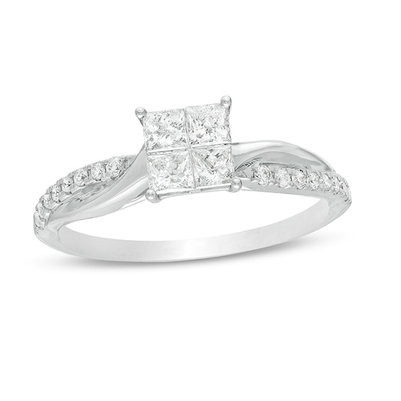 Previously Owned - 1/2 CT. T.w. Princess-Cut Quad Diamond Twist Shank Engagement Ring in 14K White Gold