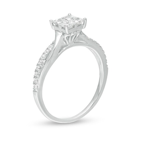 Previously Owned - 1/2 CT. T.w. Princess-Cut Quad Diamond Twist Shank Engagement Ring in 14K White Gold