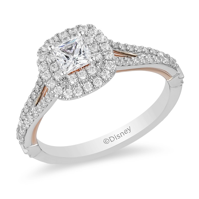 Main Image 1 of Previously Owned - Enchanted Disney Belle 3/4 CT. T.W. Princess-Cut Diamond Rose Engagement Ring in 14K Two-Tone Gold