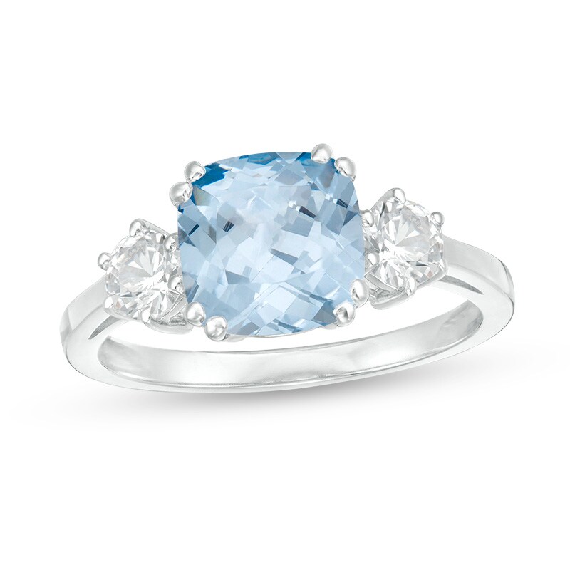 Main Image 1 of Previously Owned - 8.0mm Cushion-Cut Lab-Created Blue Spinel and White Sapphire Three Stone Ring in Sterling Silver