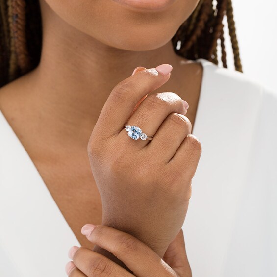 Previously Owned - 8.0mm Cushion-Cut Lab-Created Blue Spinel and White Sapphire Three Stone Ring in Sterling Silver