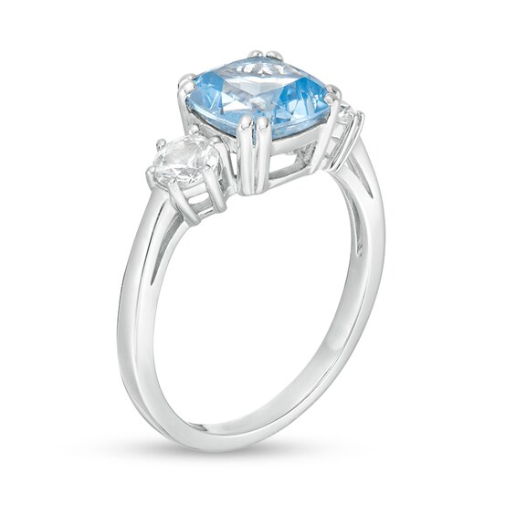 Previously Owned - 8.0mm Cushion-Cut Lab-Created Blue Spinel and White Sapphire Three Stone Ring in Sterling Silver