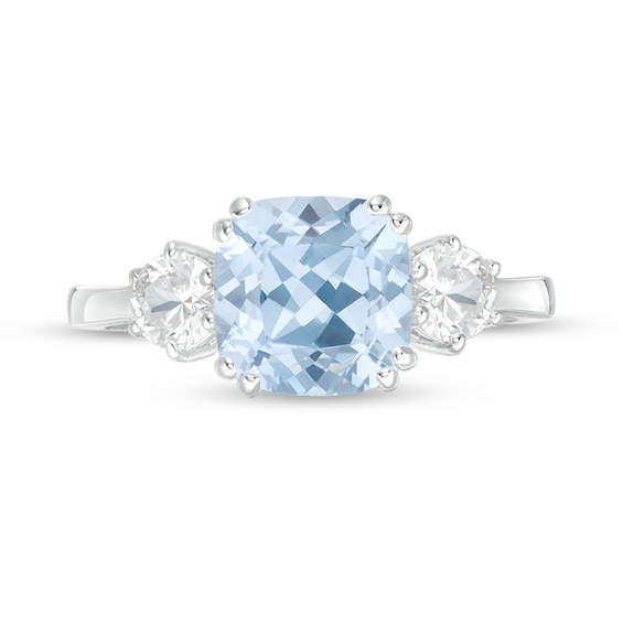 Previously Owned - 8.0mm Cushion-Cut Lab-Created Blue Spinel and White Sapphire Three Stone Ring in Sterling Silver