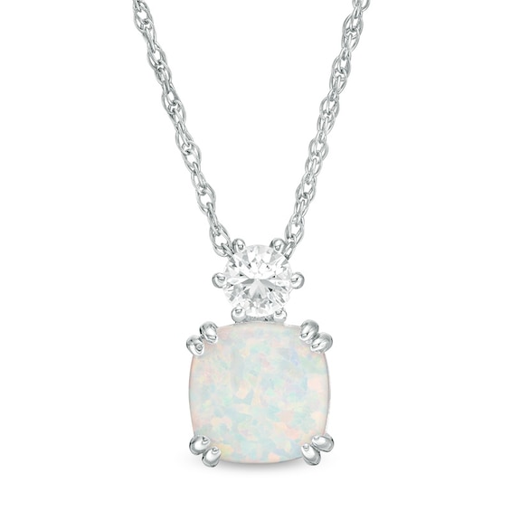 Previously Owned - 8.0mm Cushion-Cut Lab-Created Opal and White Sapphire Pendant in Sterling Silver