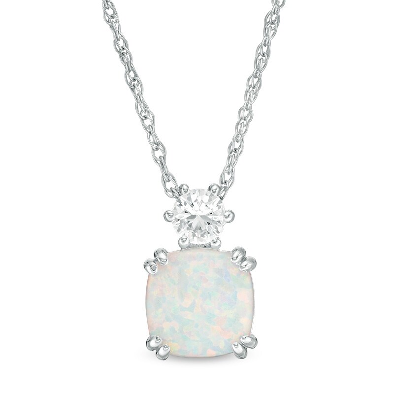 Main Image 1 of Previously Owned - 8.0mm Cushion-Cut Lab-Created Opal and White Sapphire Pendant in Sterling Silver