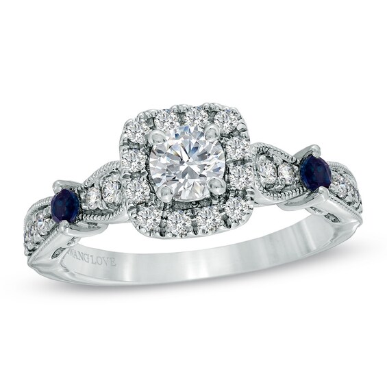 Previously Owned - Vera Wang Love Collection 3/4 CT. T.w. Diamond and Blue Sapphire Ring in 14K White Gold