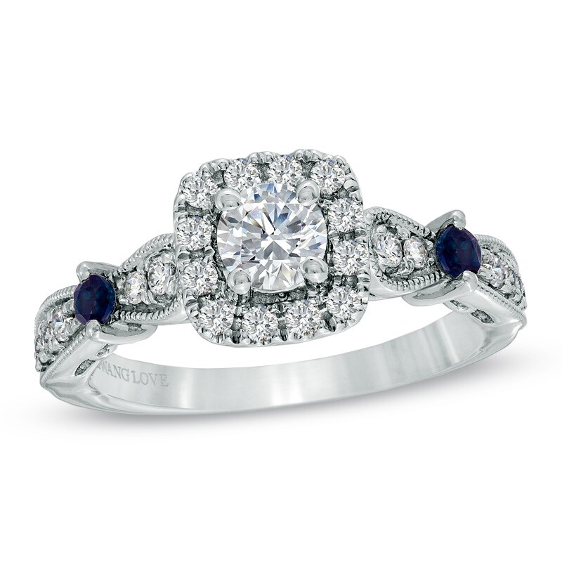 Main Image 1 of Previously Owned - Vera Wang Love Collection 3/4 CT. T.W. Diamond and Blue Sapphire Ring in 14K White Gold