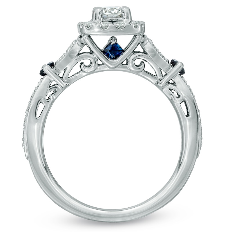 Main Image 3 of Previously Owned - Vera Wang Love Collection 3/4 CT. T.W. Diamond and Blue Sapphire Ring in 14K White Gold