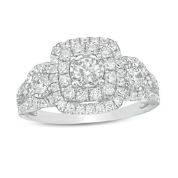 Previously Owned - 1 CT. T.W. Diamond Double Cushion Frame Past Present Future® Engagement Ring in 10K White Gold