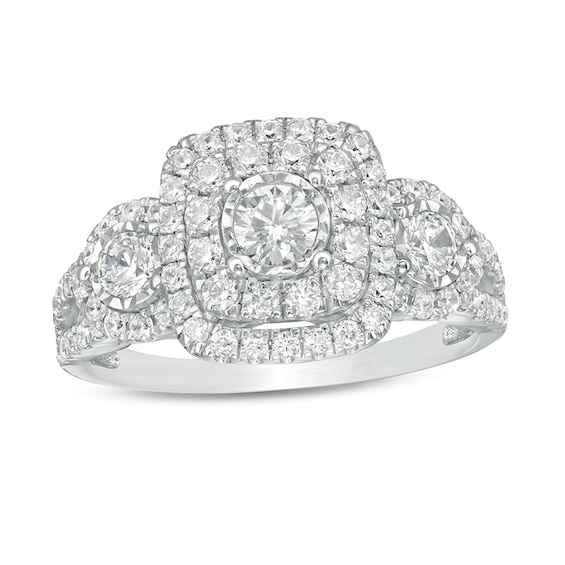 Previously Owned - 1 CT. T.w. Diamond Double Cushion Frame Past Present Future® Engagement Ring in 10K White Gold