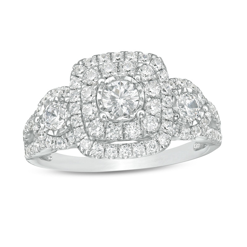 Main Image 1 of Previously Owned - 1 CT. T.W. Diamond Double Cushion Frame Past Present Future® Engagement Ring in 10K White Gold