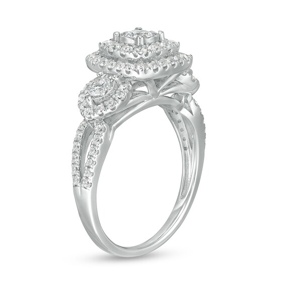 Previously Owned - 1 CT. T.w. Diamond Double Cushion Frame Past Present FutureÂ® Engagement Ring in 10K White Gold