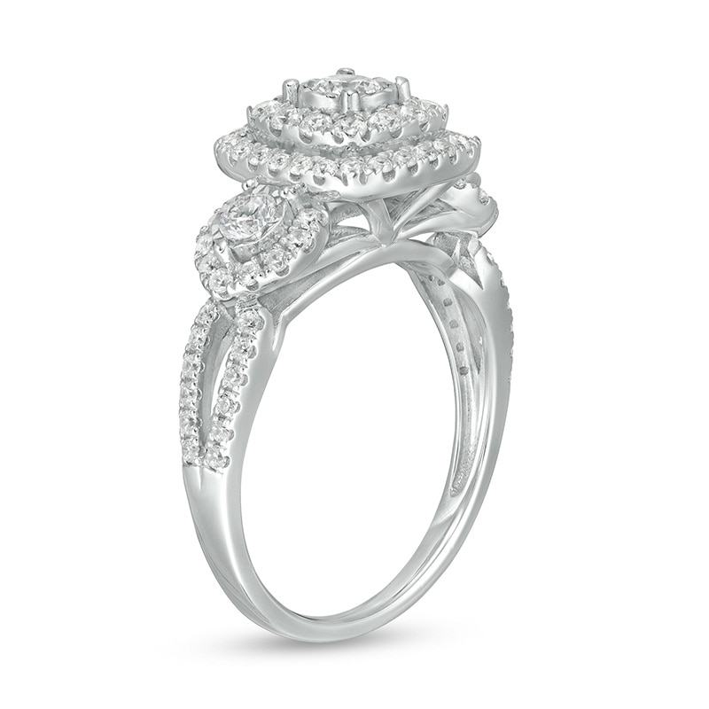 Main Image 3 of Previously Owned - 1 CT. T.W. Diamond Double Cushion Frame Past Present Future® Engagement Ring in 10K White Gold