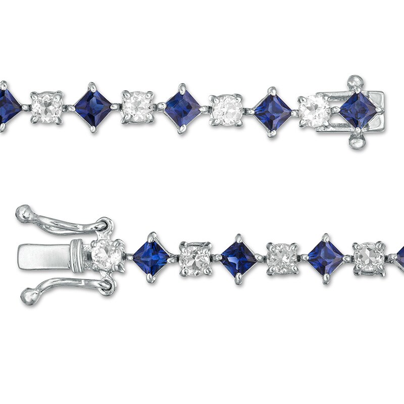 Main Image 2 of Previously Owned - Princess-Cut Lab-Created Blue and White Sapphire Line Bracelet in Sterling Silver - 7.25"