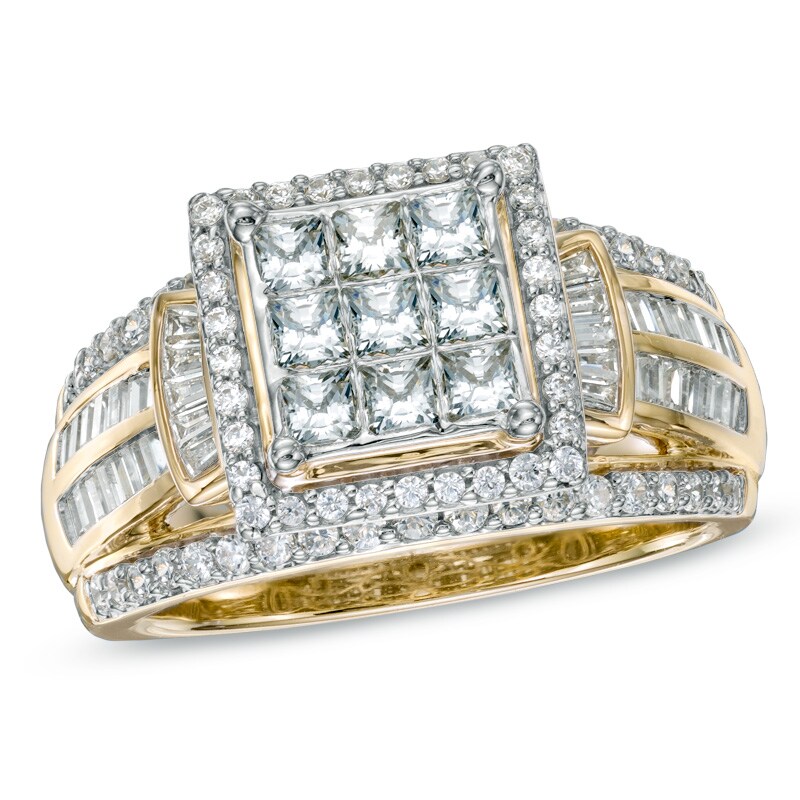Main Image 1 of Previously Owned - 1-1/4 CT. T.W. Princess-Cut Diamond Frame Cluster Ring in 10K Gold