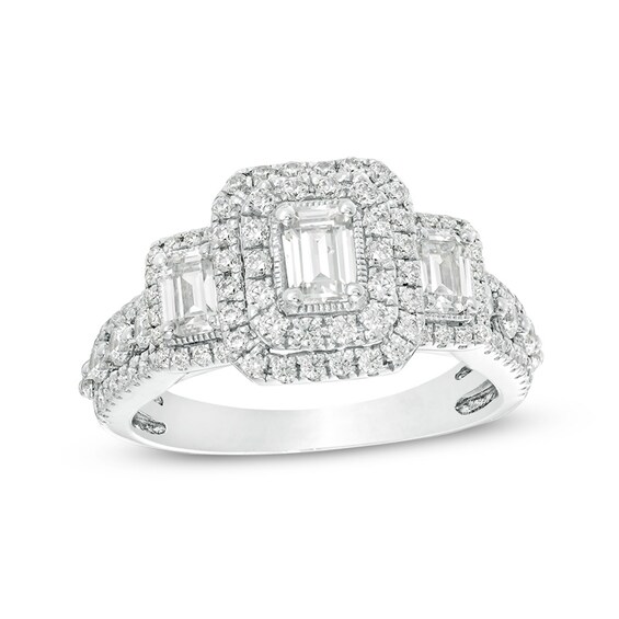 Previously Owned - 1-1/2 CT. T.w. Emerald-Cut Diamond Past Present Future® Engagement Ring in 14K White Gold