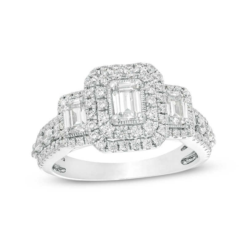 Main Image 1 of Previously Owned - 1-1/2 CT. T.W. Emerald-Cut Diamond Past Present Future® Engagement Ring in 14K White Gold