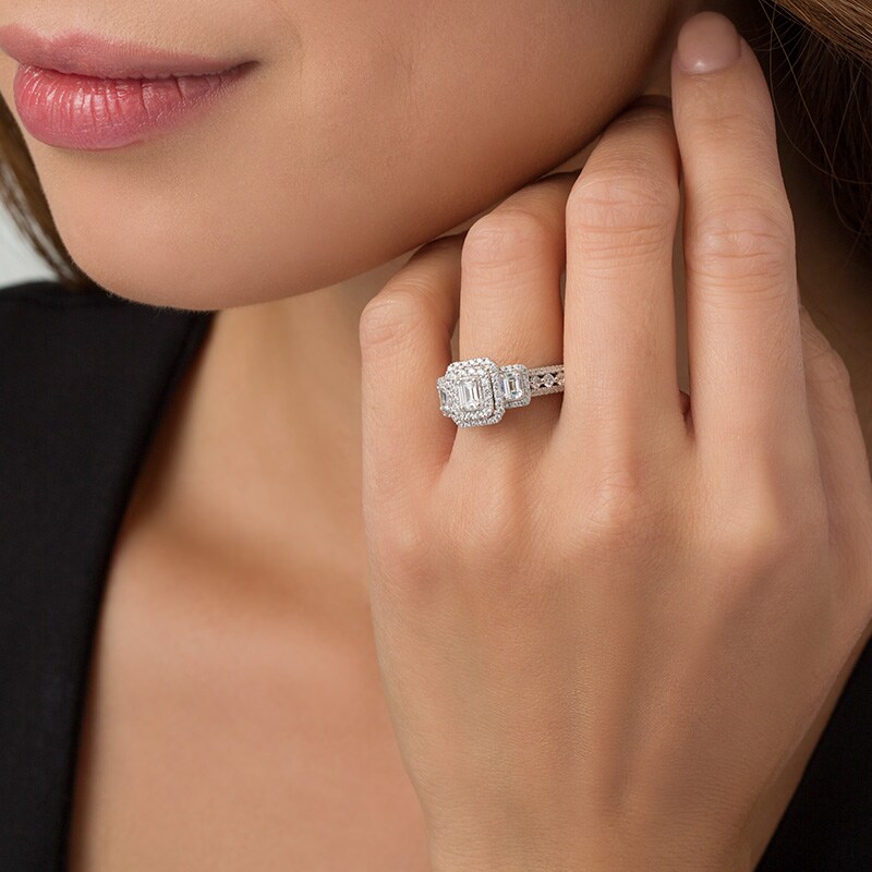 Main Image 3 of Previously Owned - 1-1/2 CT. T.W. Emerald-Cut Diamond Past Present Future® Engagement Ring in 14K White Gold