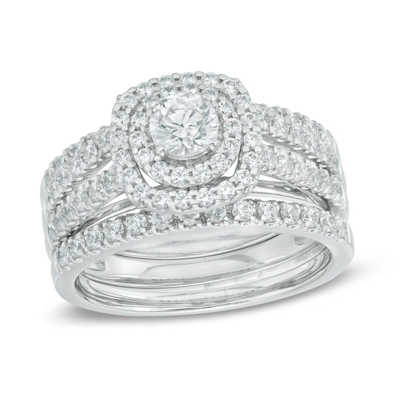 Main Image 1 of Previously Owned - 1-1/5 CT. T.W. Diamond Frame Three Piece Bridal Set in 14K White Gold