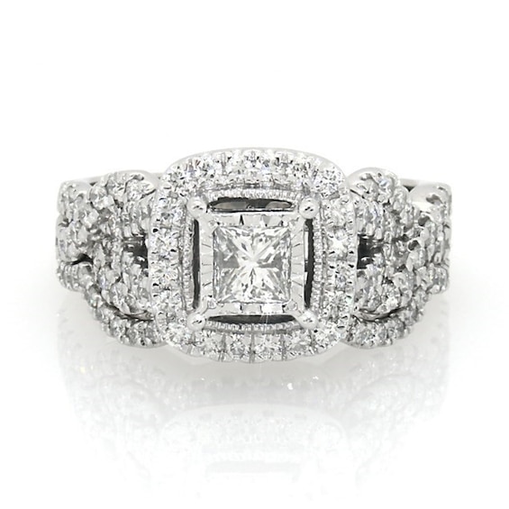 Previously Owned 1-1/2 CT. T.w. Princess-Cut Diamond Frame Vintage-Style Twist Soldered Bridal Set in 14K White Gold
