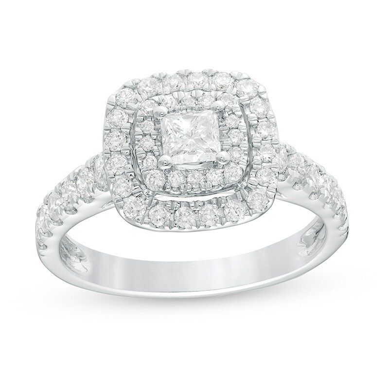 Main Image 1 of Previously Owned - 1 CT. T.W. Princess-Cut Diamond Double Frame Engagement Ring in 14K White Gold