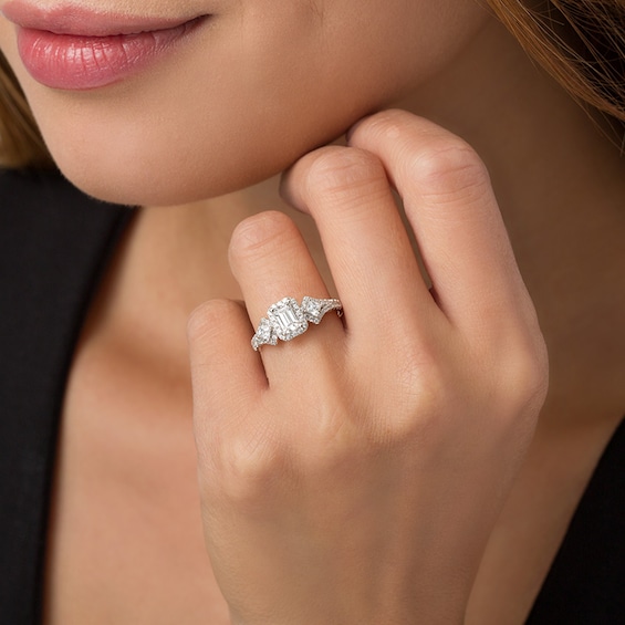 Previously Owned - 1 CT. T.w. Emerald-Cut Diamond Past Present FutureÂ® Frame Engagement Ring in 14K White Gold