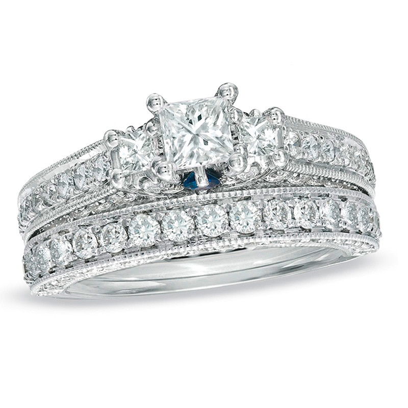 Main Image 1 of Previously Owned - Vera Wang Love Collection 2 CT. T.W. Princess-Cut Diamond Bridal Set in 14K White Gold