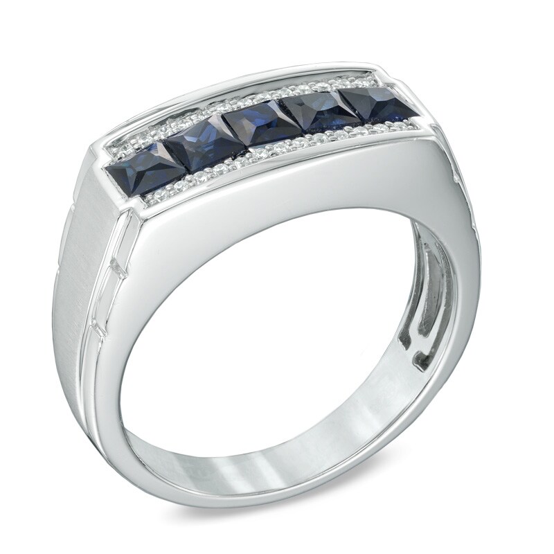 Main Image 2 of Previously Owned - Square-Cut Blue Sapphire and  1/8 CT. T.W. Diamond Ring in 10K White Gold