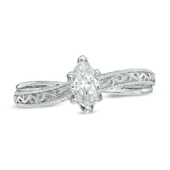 Previously Owned - Vera Wang Love Collection 1/2 CT. Marquise Diamond Solitaire Scroll Engagement Ring in 14K White Gold