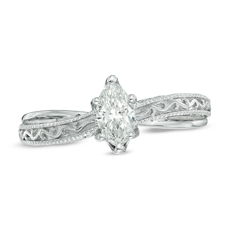 Main Image 1 of Previously Owned - Vera Wang Love Collection 1/2 CT. Marquise Diamond Solitaire Scroll Engagement Ring in 14K White Gold