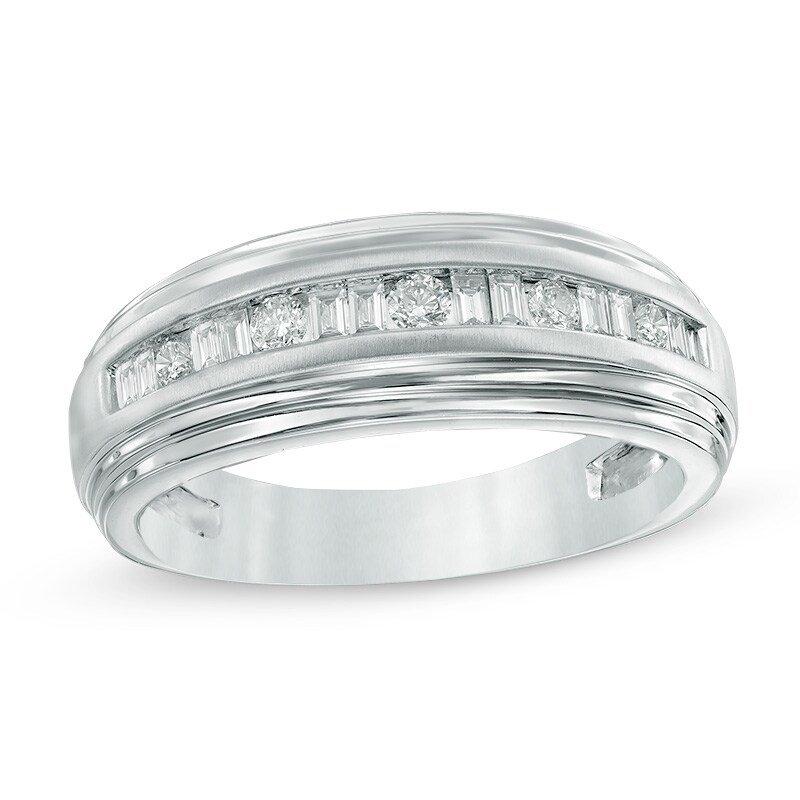 Main Image 1 of Previously Owned - 1 CT. T.W. Baguette and Round Diamond Alternating Step Edge Band in 14K White Gold