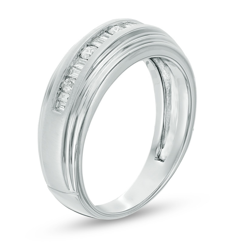Main Image 2 of Previously Owned - 1 CT. T.W. Baguette and Round Diamond Alternating Step Edge Band in 14K White Gold