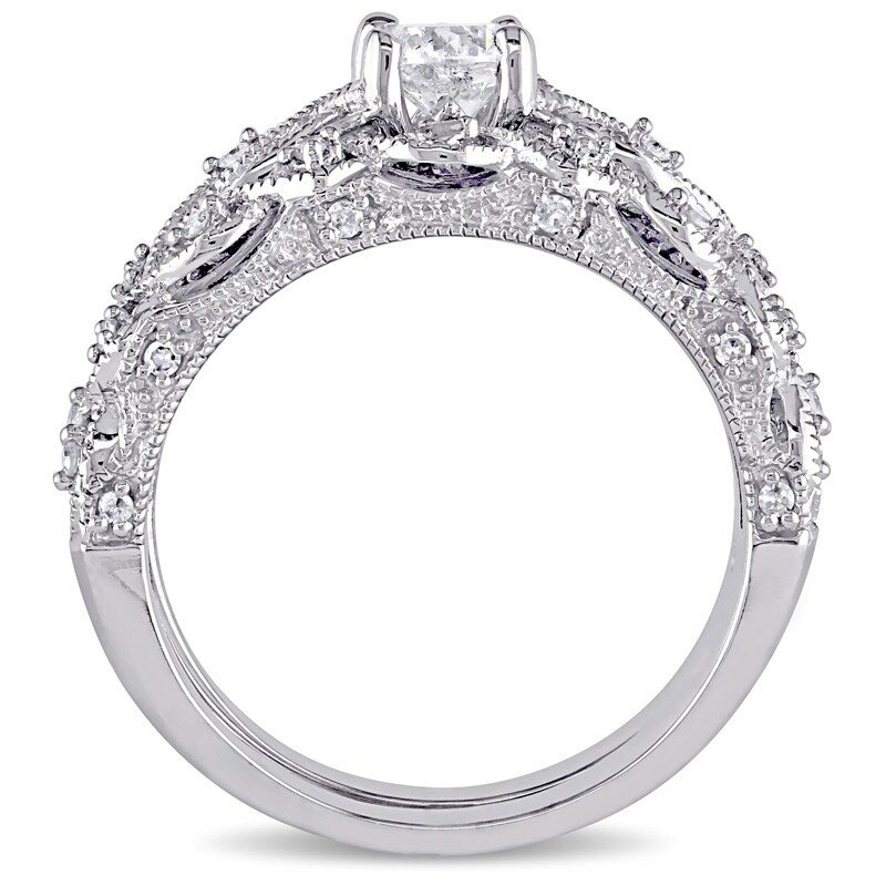 Main Image 3 of Previously Owned 3/4 CT. T.W. Diamond Vintage-Style Soldered Bridal Set in 10K White Gold