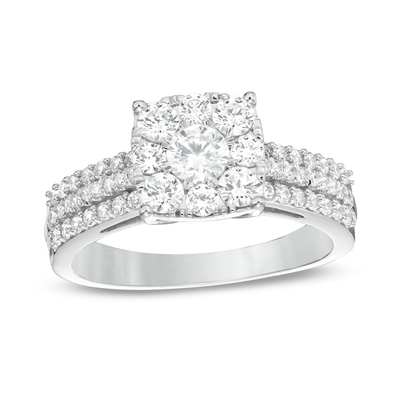 Main Image 1 of Previously Owned - 1 CT. T.W. Diamond Cushion Frame Multi-Row Engagement Ring in 14K White Gold
