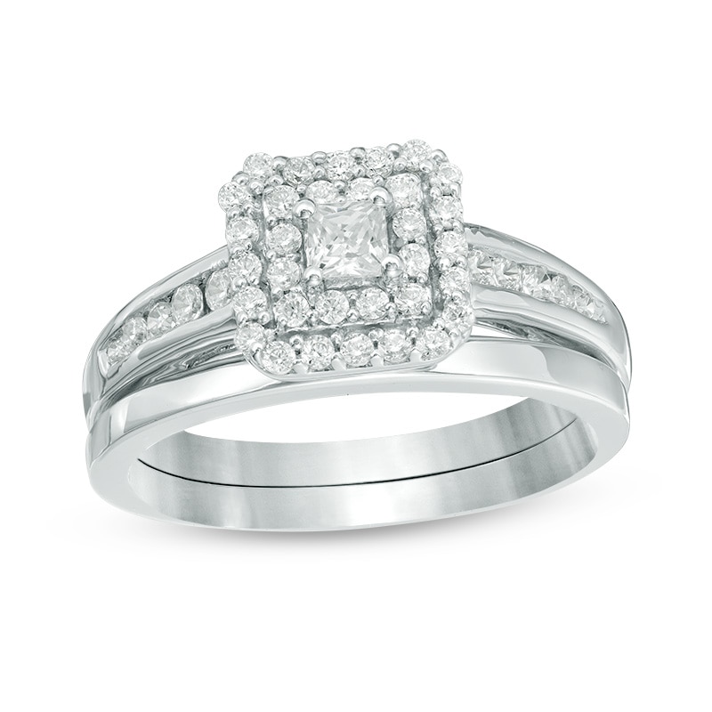Main Image 1 of Previously Owned - 1/2 CT. T.W. Princess-Cut Diamond Double Frame Bridal Set in 10K White Gold