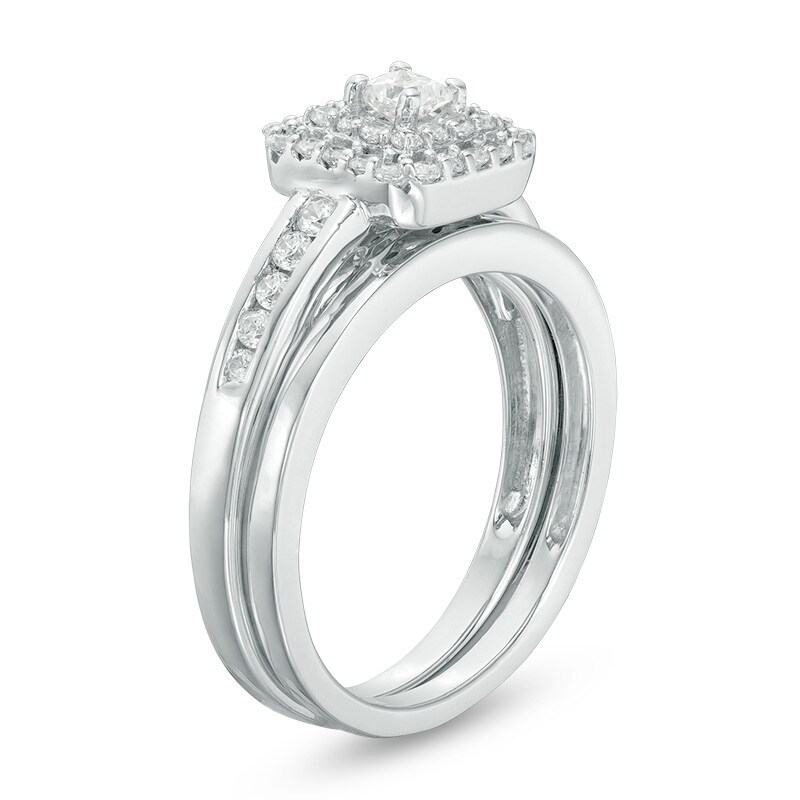 Main Image 2 of Previously Owned - 1/2 CT. T.W. Princess-Cut Diamond Double Frame Bridal Set in 10K White Gold