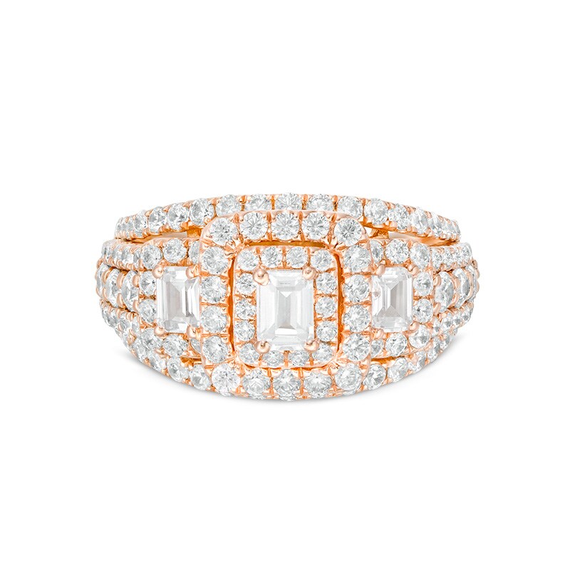 Main Image 1 of Previously Owned - 2-1/2 CT. T.W. Emerald-Cut Diamond Past Present Future® Split Shank Engagement Ring in 14K Rose Gold