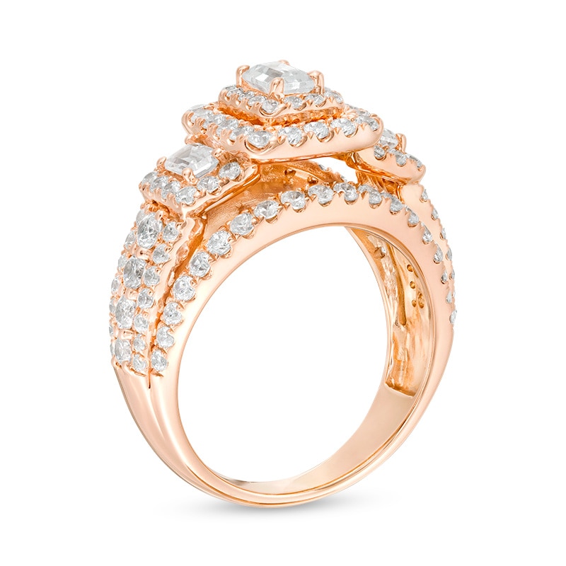 Main Image 2 of Previously Owned - 2-1/2 CT. T.W. Emerald-Cut Diamond Past Present Future® Split Shank Engagement Ring in 14K Rose Gold