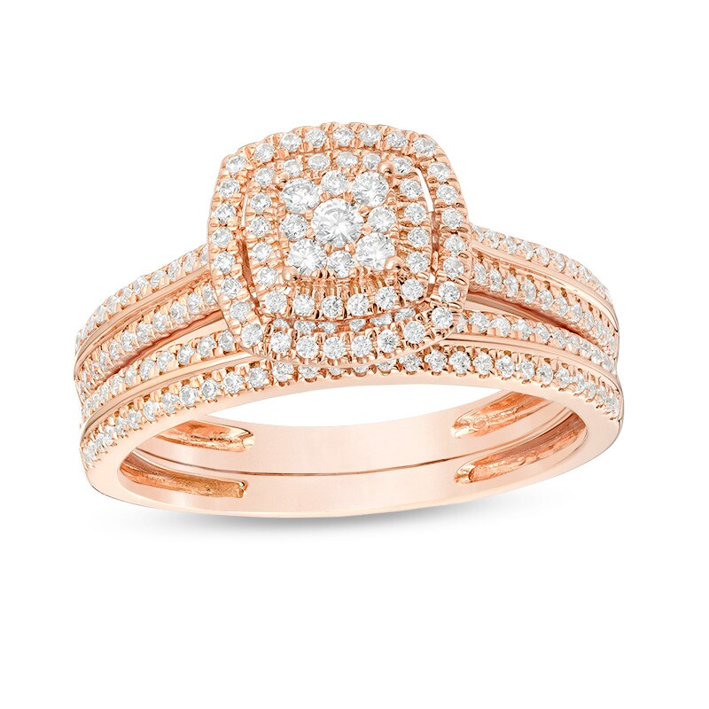 Main Image 1 of Previously Owned - 1/2 CT. T.W. Composite Diamond Double Cushion Frame Bridal Set in 10K Rose Gold